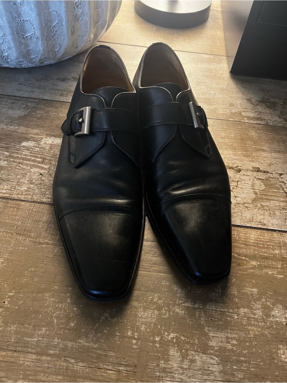Magnanni Black Leather Monk Strap Men's Dress Shoes